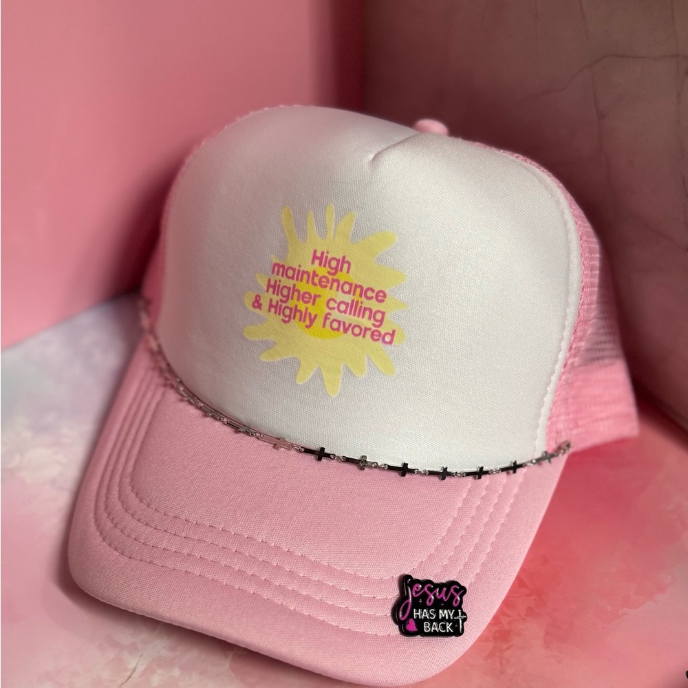 Pink Trucker Hat with Yellow Graphic